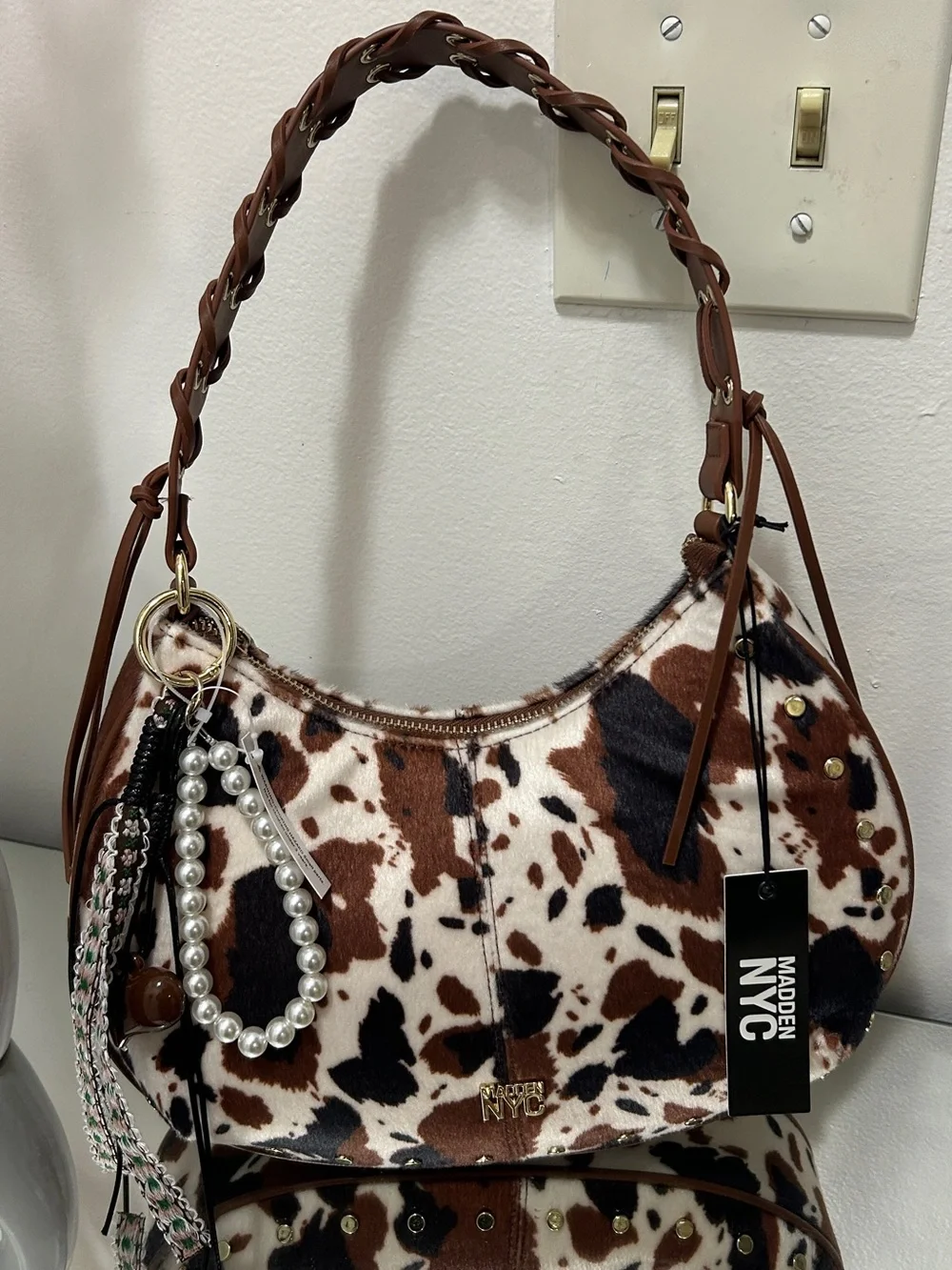 Madden NYC Cow Print Faux Fur Hobo Shoulder Bag Western NWT